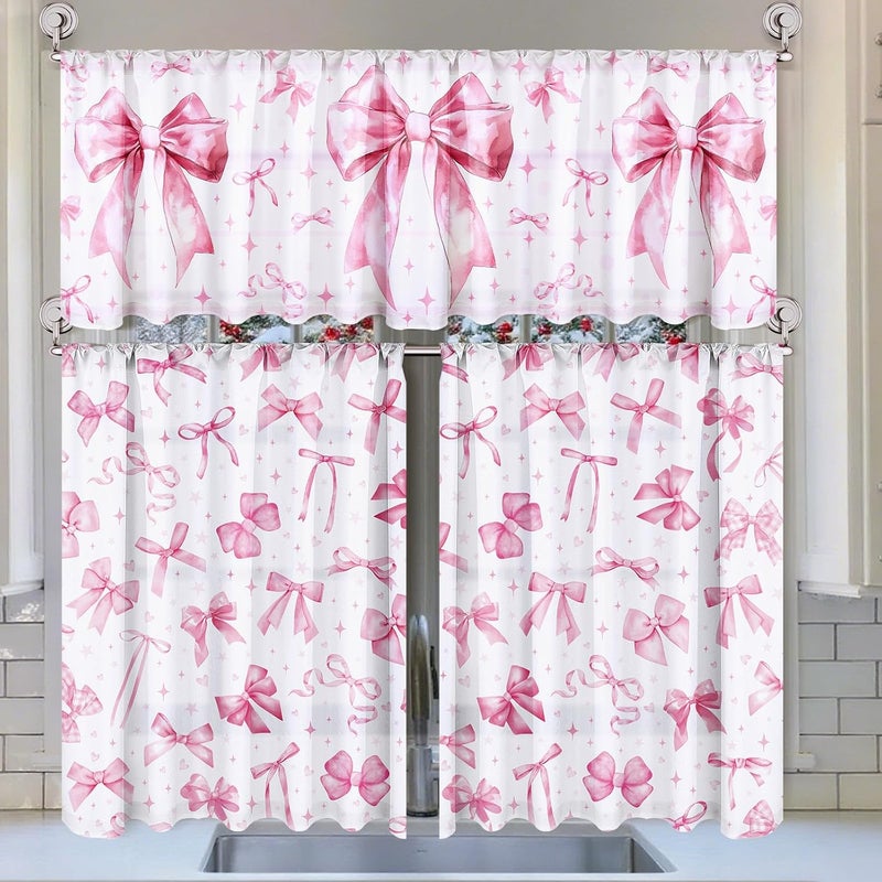Breling 3 Pcs Pink Bow Kitchen Curtains Valances and Tiers Set for Windows Pink Bow Knot Coquette Decor Short Curtain Set for Bedroom Window Treatment Decor Wedding Party Favor Supplies - Image 1